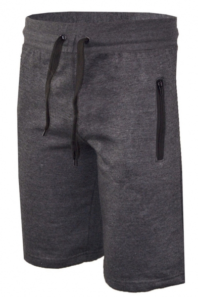 Mens Active Sport Drawstring Waist Zipper Pocket Plain Flat Front Shorts