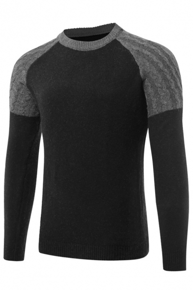 Mens Casual Color Block Round Neck Long Sleeve Slim Fit Black Pullover Sweater
