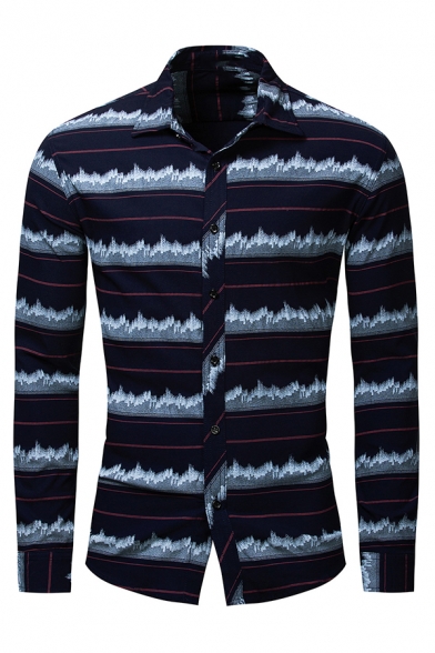 Mens Exclusive Geometric Pattern Long Sleeve Single Breasted Fitted Casual Shirt