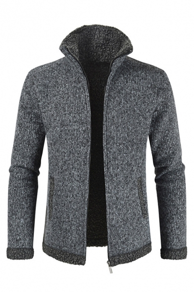Mens Fashionable Gray Long Sleeve Lapel Collar Zip Placket Fitted Cardigan Knit Coat