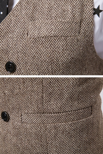 Mens Plain Herringbone Printed Sleeveless Double Breasted Slim Fitted Suit Waistcoat