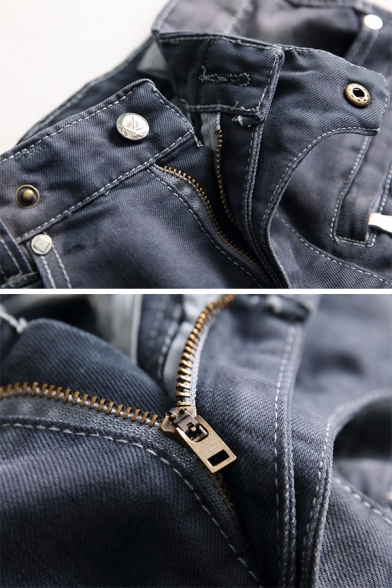 Mens Popular Shredded Pleated Crumple Detail Zipper Decoration Retro Biker Jeans