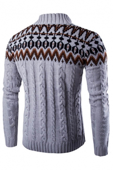 Mens Popular Tribal Print Stand Collar Button Down Cable Knit Pullover Polo Sweater