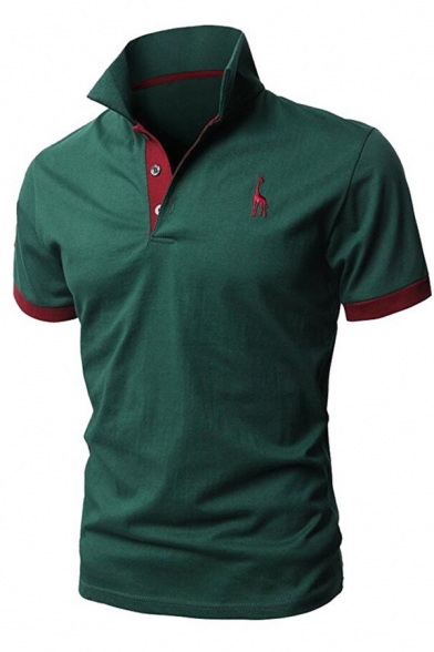 Mens Simple Deer Embroidery Contrast Trimmed Short Sleeves Fitted Sport Polo Shirt