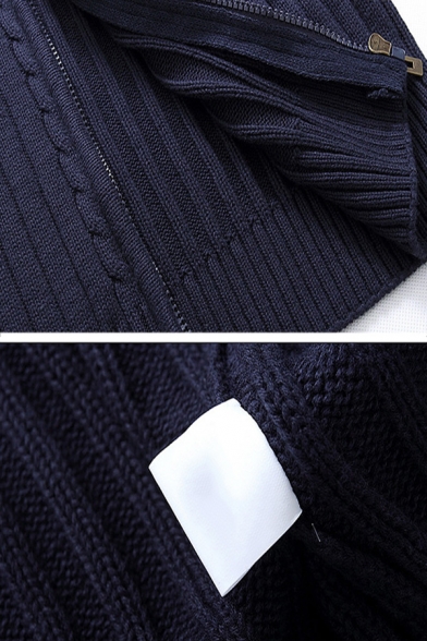 Mens Simple Ribbed Knit Plain Long Sleeve High Collar Zip Placket Fitted Cardigan Coat