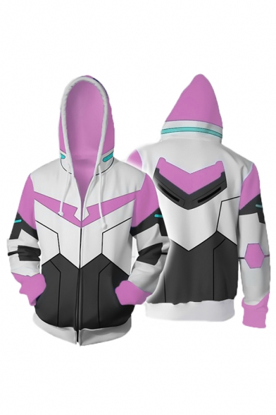 New Arrival Colorblocked Geometric Printed Zip Up Cosplay Sports Hoodie in White
