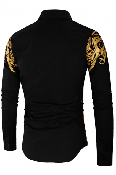 New Trendy Hot Stamping Print Long Sleeves Single Breasted Slim Fitted Retro Shirt