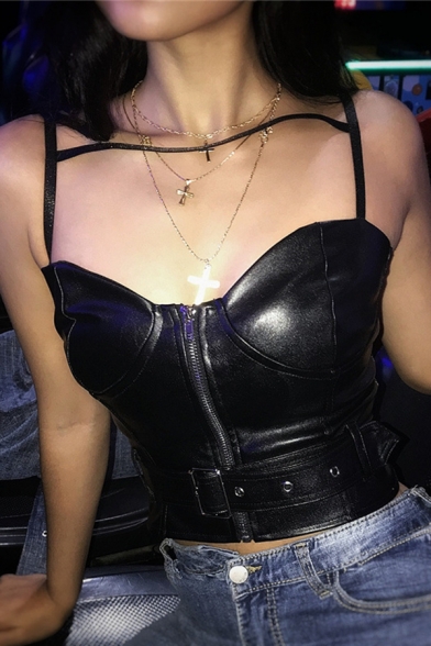 Nightclub Cool Girls' Sleeveless Bandage Zip Front Eyelet Buckle Leather Slim Fit Crop Cami Top in Black
