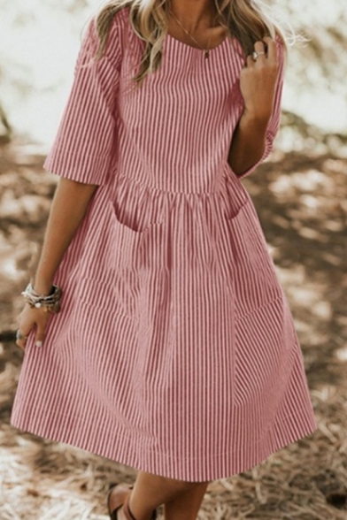 Plain Cute Girls' Short Sleeve Crew Neck Stripe Print Pocket Pleated Midi Swing Dress
