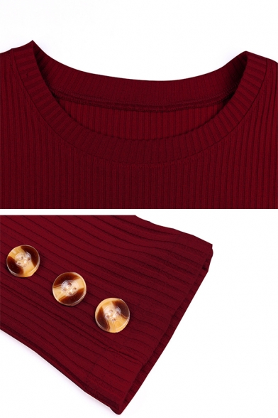 Plain Elegant Ladies' Long Sleeve Button Embellished Slit Side Knit Short Bodycon T Shirt Dress
