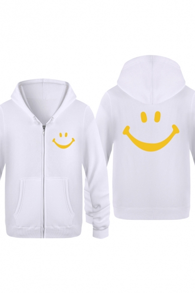 Popular Smile Face Pattern Long Sleeve Zip Up Casual Unisex Hoodie Coat with Pocket