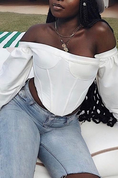 Puff Sleeved Off The Shoulder Ruched Sexy Crop Bardot Blouse Top in White