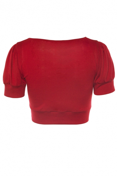 Red Lovely Girls' Puff Sleeve V-Neck Ruched Slim Fit Knit Crop Tee for Women