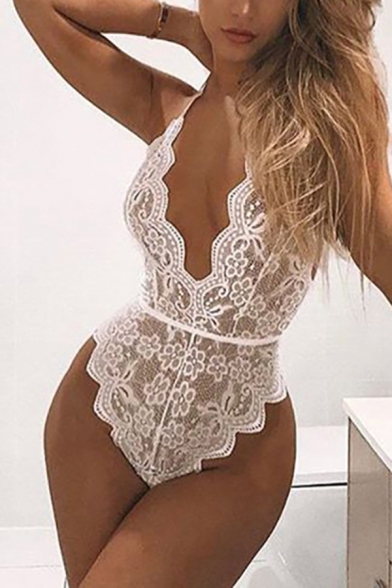 Sexy Edgy Girls' Sleeveless Halter Hollow Out Back Sheer Lace Scalloped Plain Fitted Bodysuit