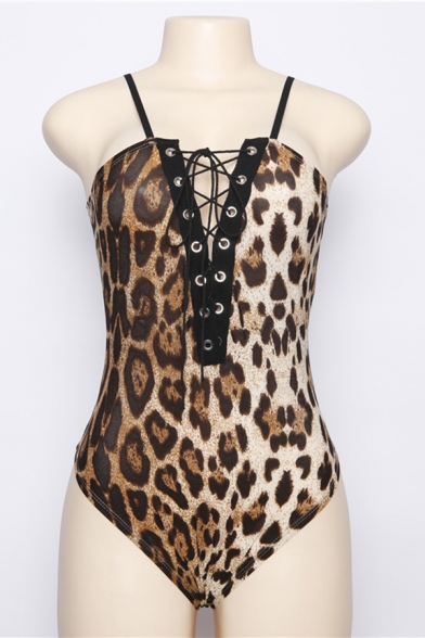 Sexy Girls' Sleeveless Deep V-Neck Leopard Print Lace Up Slim Fit Cami Bodysuit in Brown