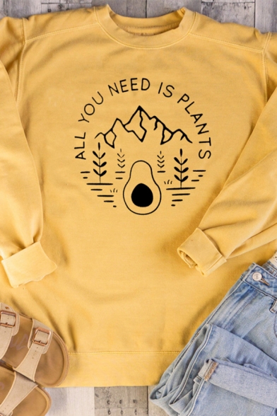 Simple Letter ALL YOU NEED IS PLANTS Printed Long Sleeve Crew Neck Graphic Sweatshirt