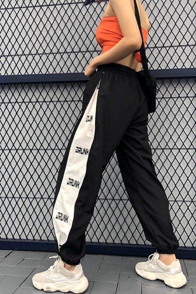 Sport Black Elastic Waist Drawstring Letter DRUNK Contrasted Cuffed Ankle Oversize Sweatpants for Female