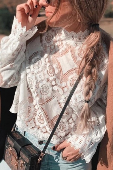 Spring Fashion Plain Mock Neck Bell Long Sleeve Floral Lace Shirt Blouse for Women