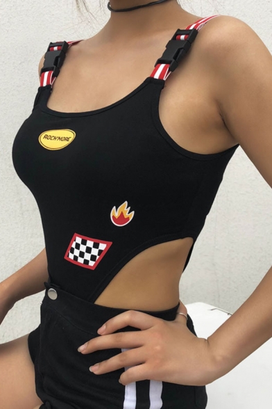 Street Cool Black Sleeveless Scoop Neck Buckle Strap ROCH'MORE Letter Flame and Flag Print High Cut Fitted Bodysuit for Ladies