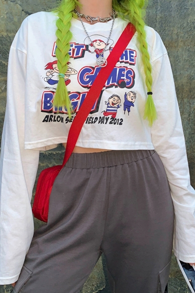 Street Cool Girls' Long Sleeve Crew Neck Cartoon Character&Letter Printed Flared Plain Crop T-Shirt