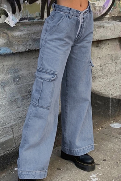 Street Trendy Girls' High Waist Utility Long Baggy Wide Jeans in Blue