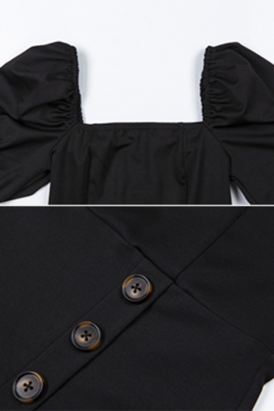 Summer Elegant Plain Black Puff Short Sleeve Square Neck Button Decorated Split Loose Mini Dress
