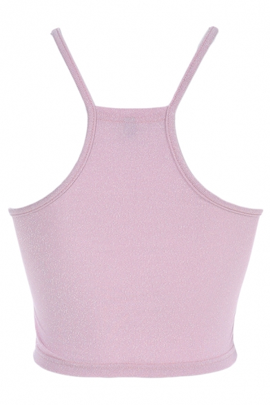 Sweet Hot Sleeveless Heart Ring Detail Slim Fit Cotton Pink Crop Cami Top for Women