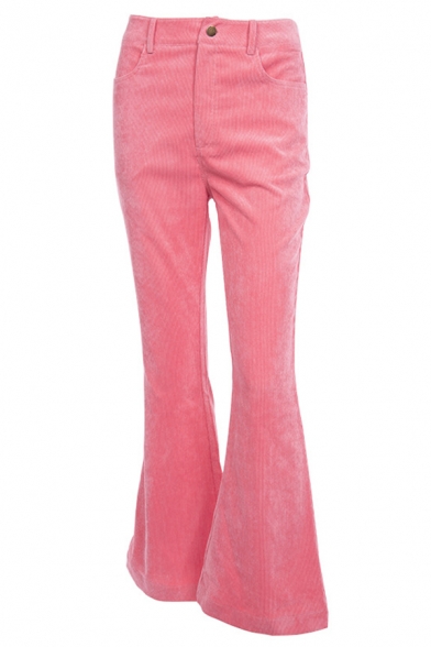 Trendy Ladies' High Waist Corduroy Full Length Plain Slim Fit Flared Pants