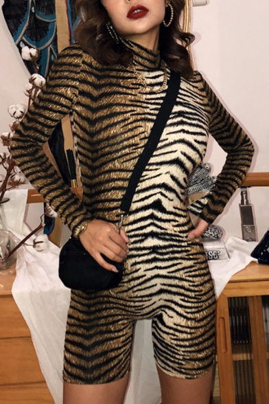 Unique Sexy Ladies' Long Sleeve Mock Neck Tiger Printed Stretchy Tight Rompers in Brown