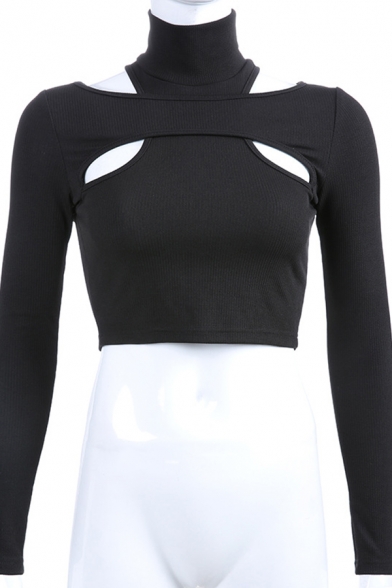 Unique Women's Long Sleeve High Neck Cut Out Slim Fit Cotton Black Crop T-Shirt