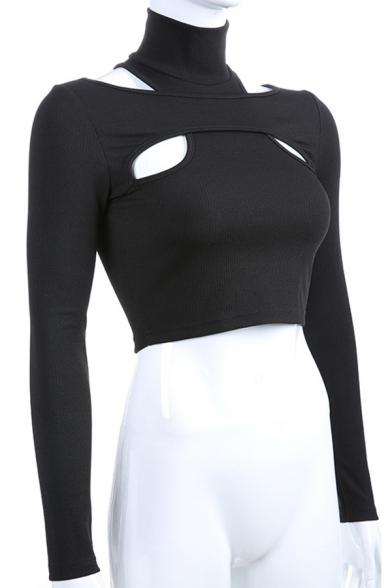 Unique Women's Long Sleeve High Neck Cut Out Slim Fit Cotton Black Crop T-Shirt