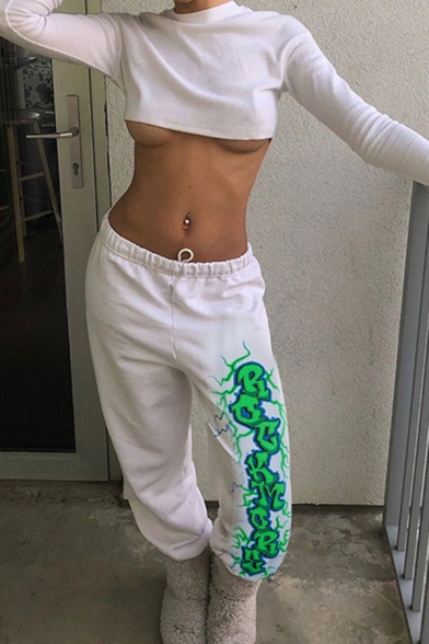 White Cool Street Elastic Waist Letter ROCK MORE Graphic Cuff Ankle Length Carrot Sweatpants for Girls