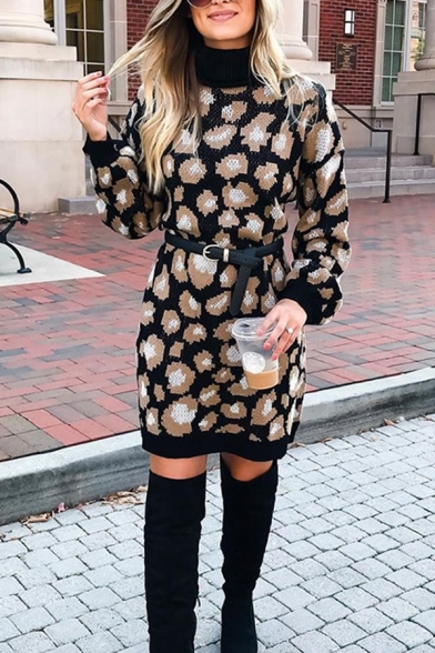 Women's Fashion Pretty Long Sleeve High Neck Leopard Print Belted Knit Short A-Line Sweater Dress in Black