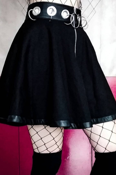 Women's Gothic Dark High Waisted Eyelet O-Ring Hollow Embellished Zip Front Pleated Flared A-Line Short Skirt in Black