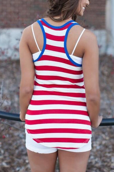 Womens Active Red Striped Stars Printed Sleeveless Fitted Tank Top