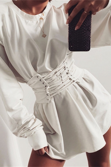 Womens Casual Plain Round Neck Long Sleeve Lace Up Gathered Waist Mini A-Line T-Shirt Dress