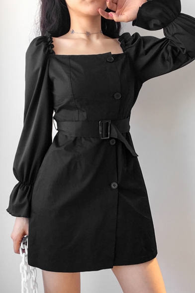 Womens Chic Plain Black Square Neck Puff Long Sleeve Button Down Mini A-Line Belted Dress