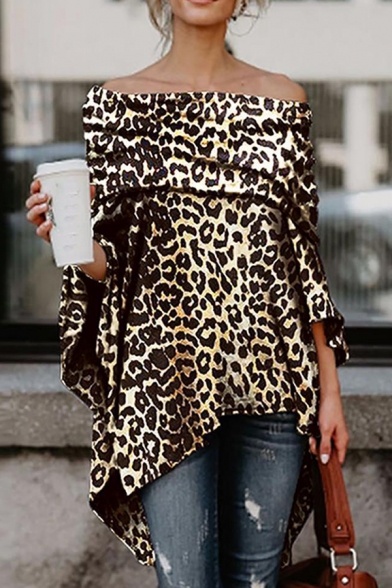 Womens Classic Leopard Pattern Foldover Off the Shoulder Long Sleeve Tunic Yellow Blouse T-Shirt