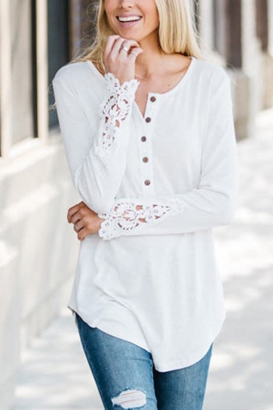 

Womens Classic Plain White Lace Patched Long Sleeve Button Down Curved Hem Outdoor Tee, LM570463