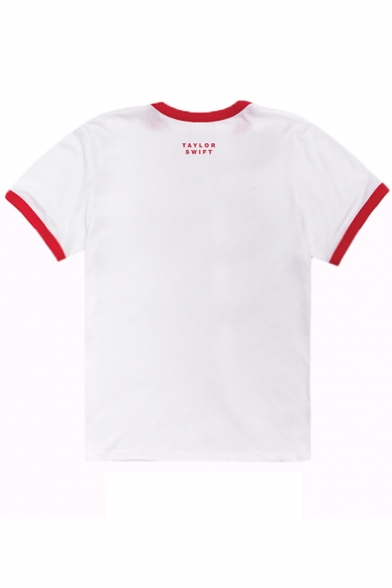 Womens Creative Letter Star Printed Contrast Trim Short Sleeve White T-Shirt