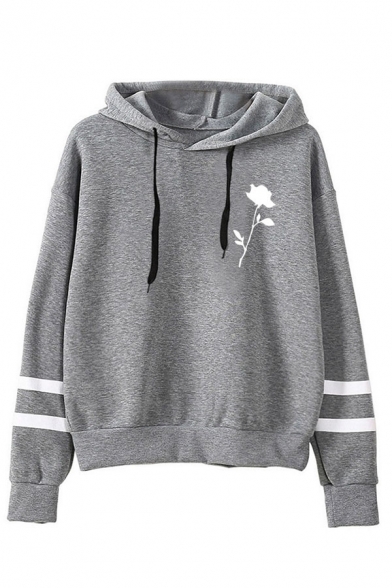 Womens Creative Rose Printed Double Stripes Long Sleeve Casual Drawstring Hoodie