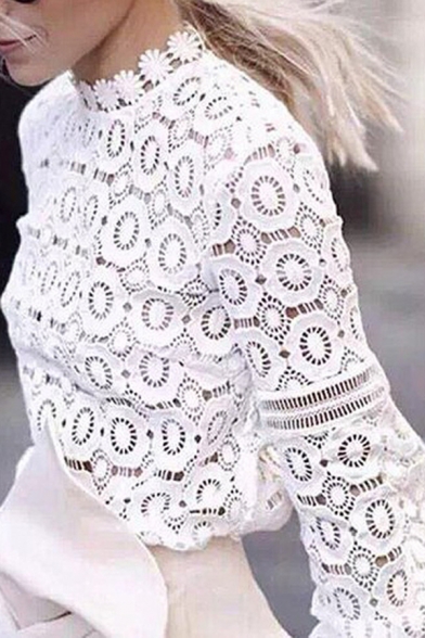 Womens Fall Fashion Plain White Lantern Long Sleeve Hollow Out Geometric Lace Blouse Top