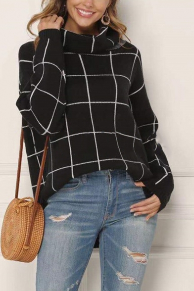 Womens Fashion Grid Printed Turtleneck Long Sleeve Side Split Loose Relaxed Pullover Sweater