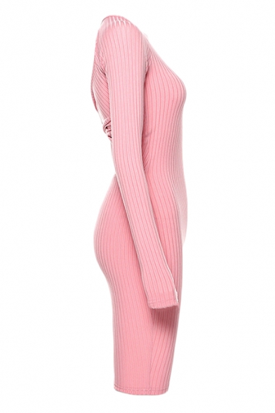 Womens Fashionable Plain Striped Pattern Knot Open Back Long Sleeve Round Neck Sexy Midi Dress
