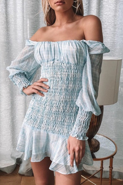 Womens Light Blue Sexy Off Shoulder Long Sleeve Ruched Detail Mini A-Line Dress