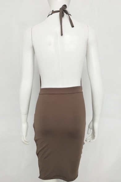 Womens Popular Night Club Style Plain Halter Cowl Neck Rhinestone Chain Embellished Backless Mini Bodycon Dress