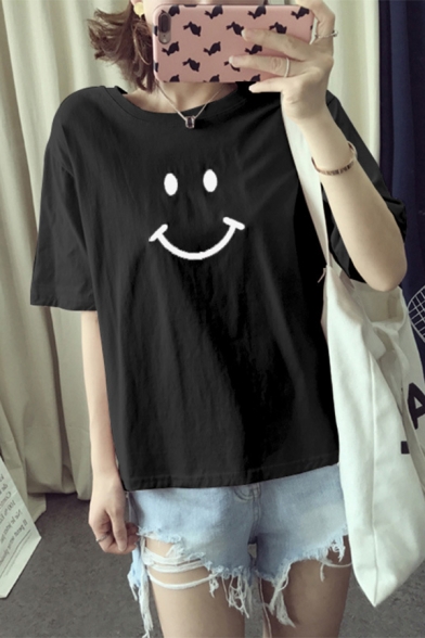 Womens Popular Smile Face Print Short Sleeve Crew Neck Oversized Summer T-Shirt