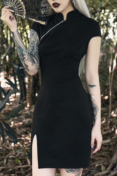 Womens Popular Stand Collar Oblique Zip Short Sleeve Split Hem Mini Black Cheongsam Dress