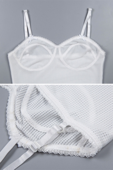 Womens Sexy Plain White Lace Stitching Arc Hem Mini Fitted Strap Dress