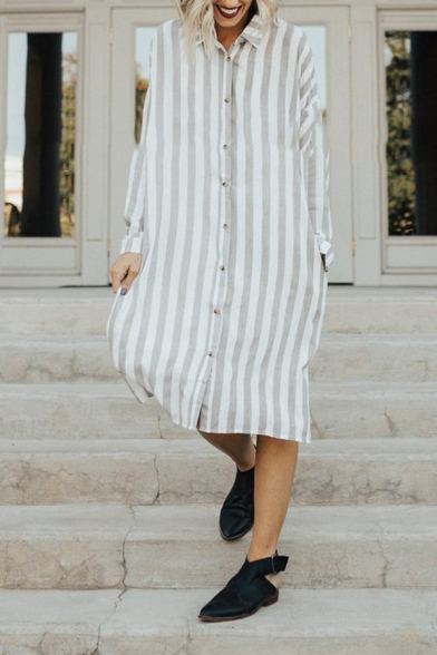Womens Simple Gray Striped Print Long Sleeve Single Breasted Casual Thin Shirt Mini Dress